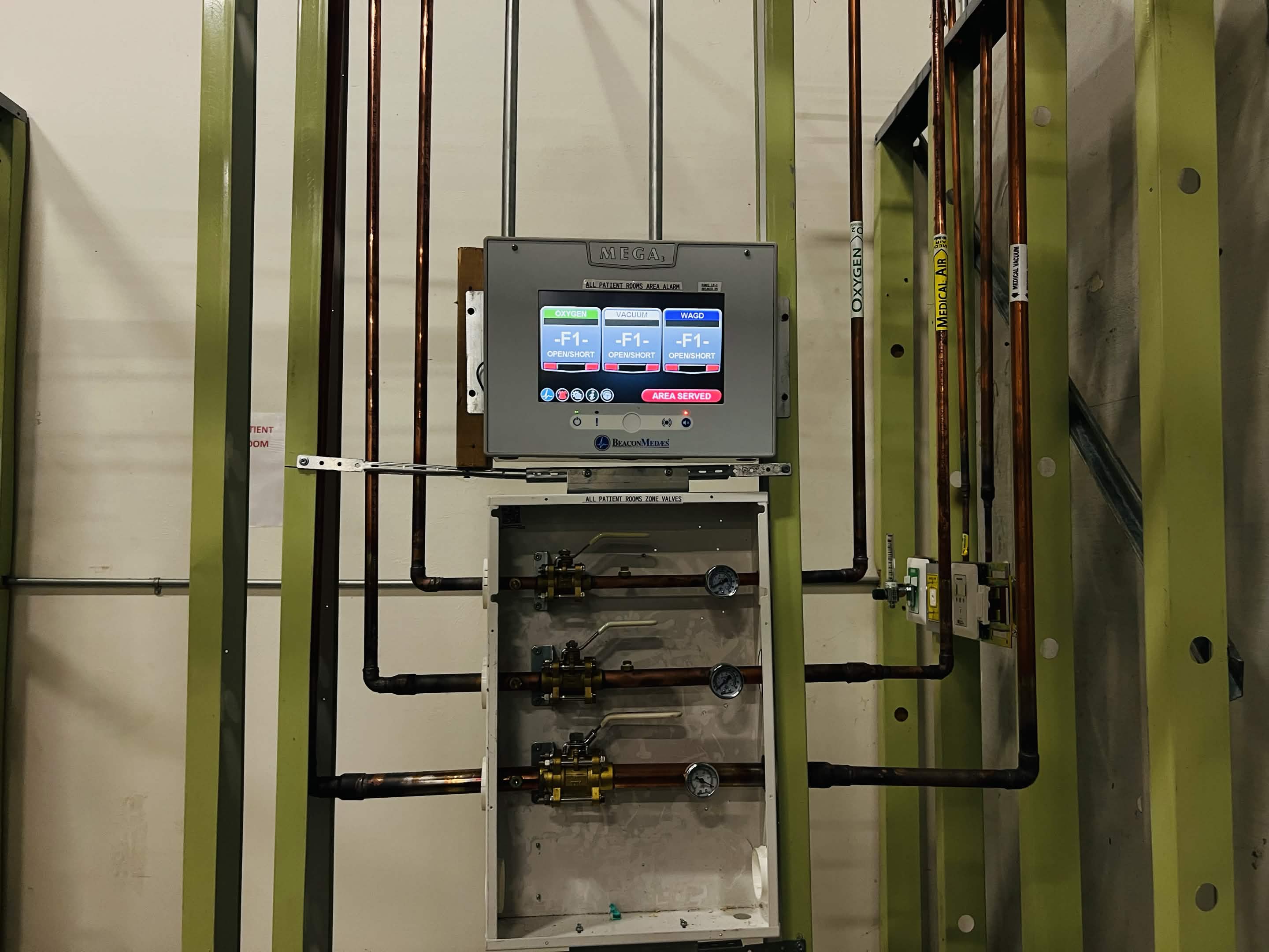 Medical gas zone valve box mounted in training lab